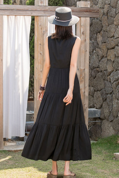 Black Linen Maxi Dress - Sleeveless Tiered Flowy Silhouette 2837