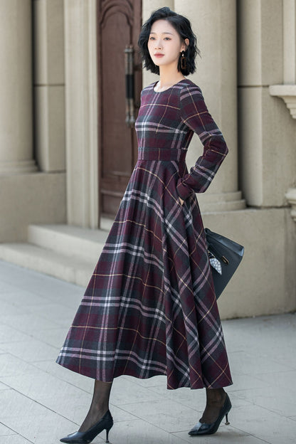 Women’s Wine Red Plaid Wool Midi Dress – Handmade Retro Fit and Flare | Xiaolizi 5308
