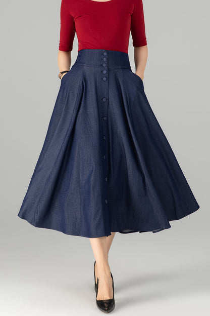 Navy Cotton Denim Midi Skirt - High Waist A-Line Button Front 5713