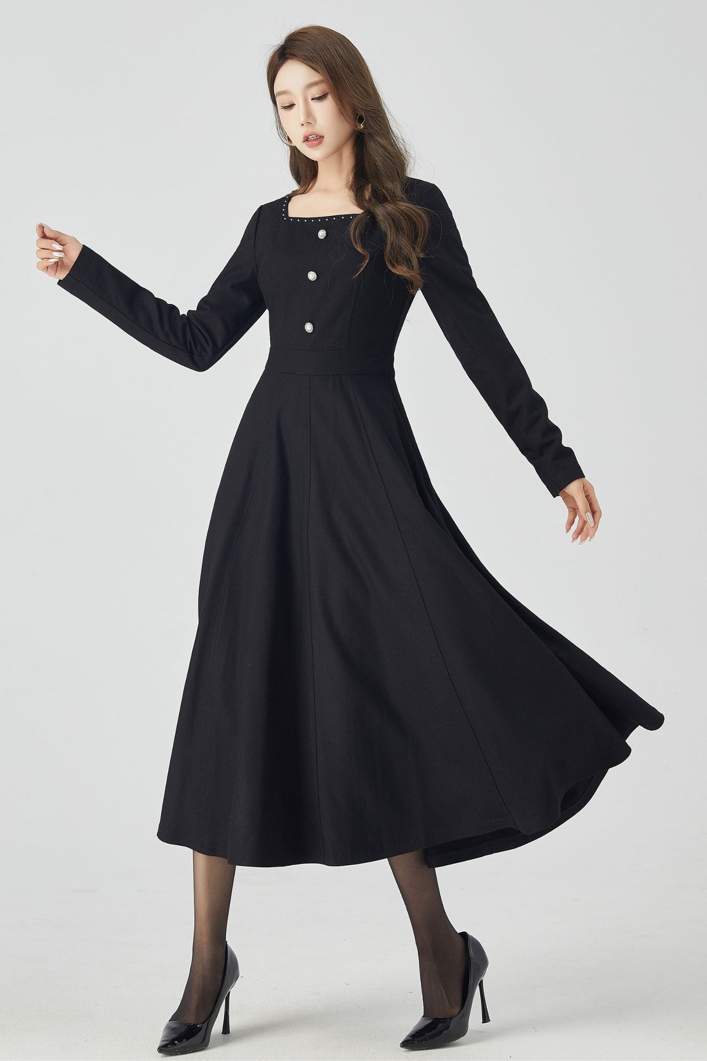 Long sleeves black midi wool dress 4521