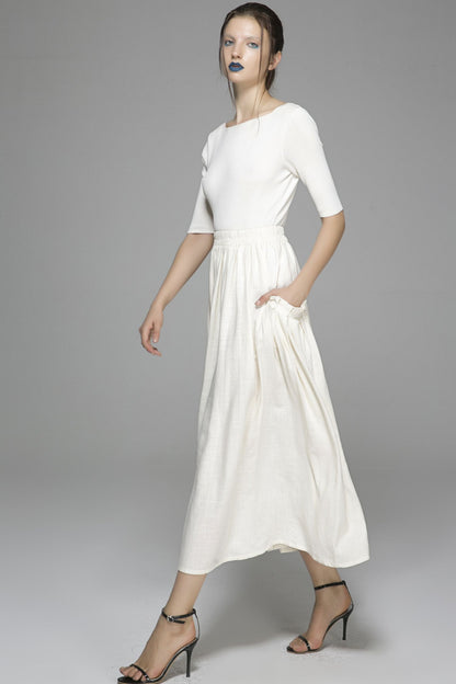 White Linen Cotton Maxi Skirt - Elastic Waist Big Pockets | Xiaolizi 1391