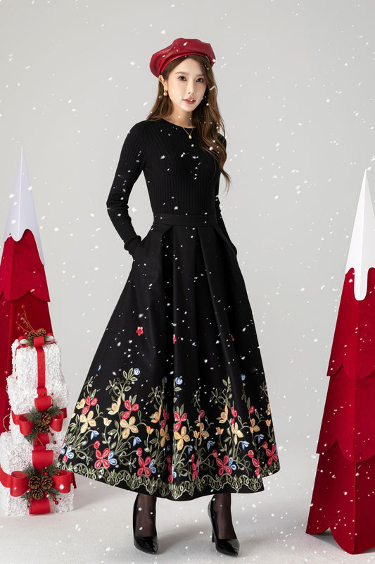 Black Maxi Embroidered Wool Skirt 4612