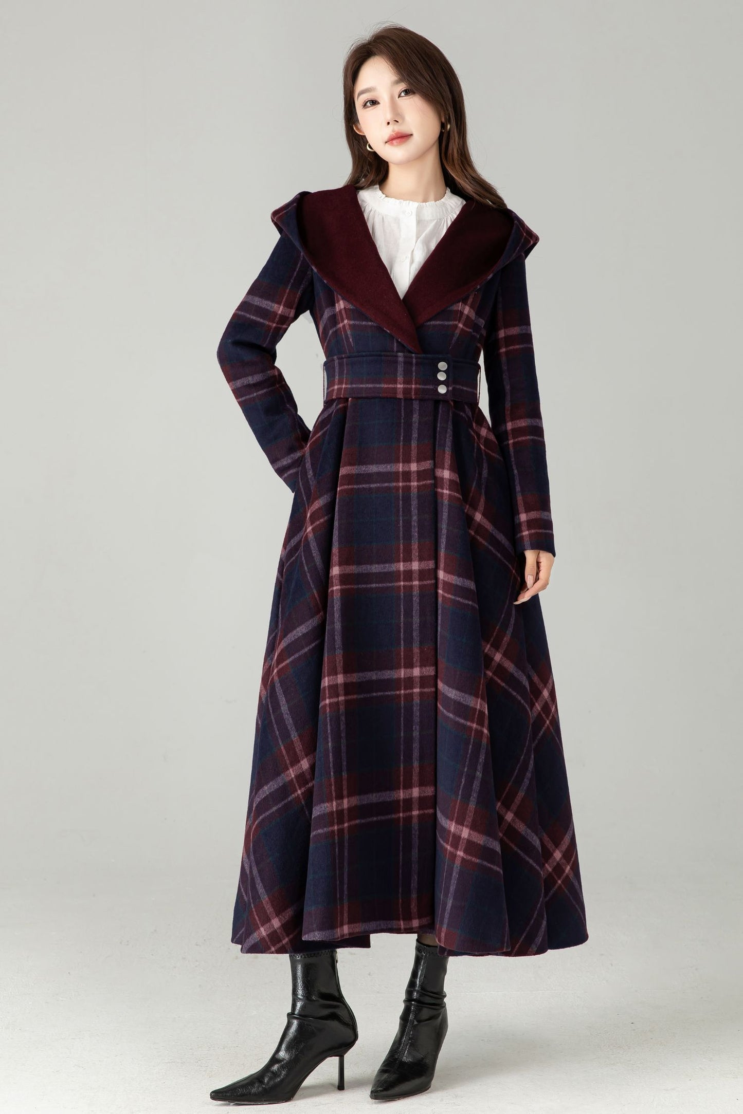 Plaid Hooded Wool Coat – A-Line Long Winter Coat with Contrast Lapel | Xiaolizi 6570