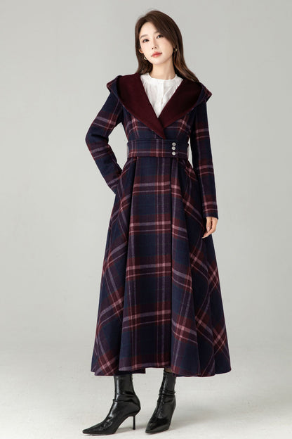 Plaid Hooded Wool Coat – A-Line Long Winter Coat with Contrast Lapel | Xiaolizi 6570