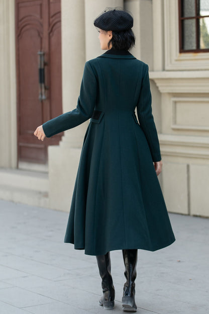 Dark Green Wool Fit and Flare Coat - Double Breasted, Fitted Waist 5462