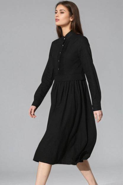 Xiaolizi Black Linen Midi Dress – Vintage Long Sleeve Pleated Dress 6349