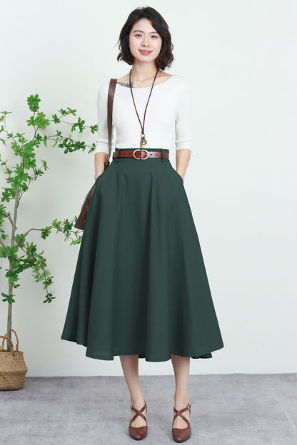 Green Linen Midi Skirt - High-Waisted A-Line with Pockets 5745