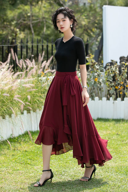 Chiffon Wrap Midi Skirt with Asymmetric Ruffle Hem | Xiaolizi 6742