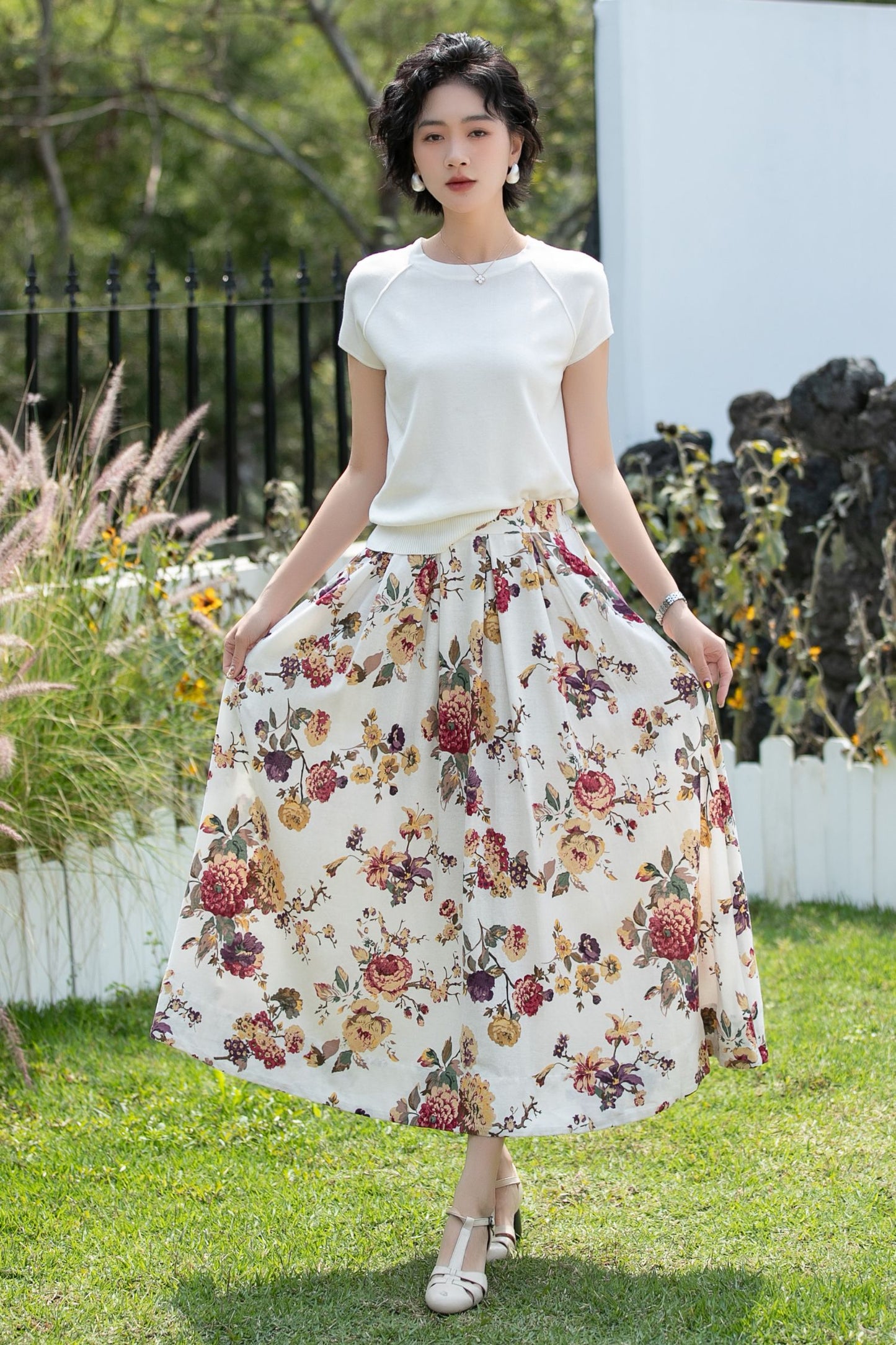 Vintage Floral Linen Cotton Swing Midi Skirt | Xiaolizi 6737