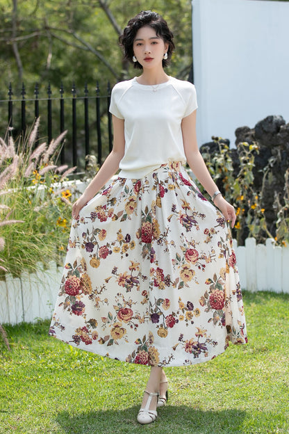 Vintage Floral Linen Cotton Swing Midi Skirt | Xiaolizi 6737