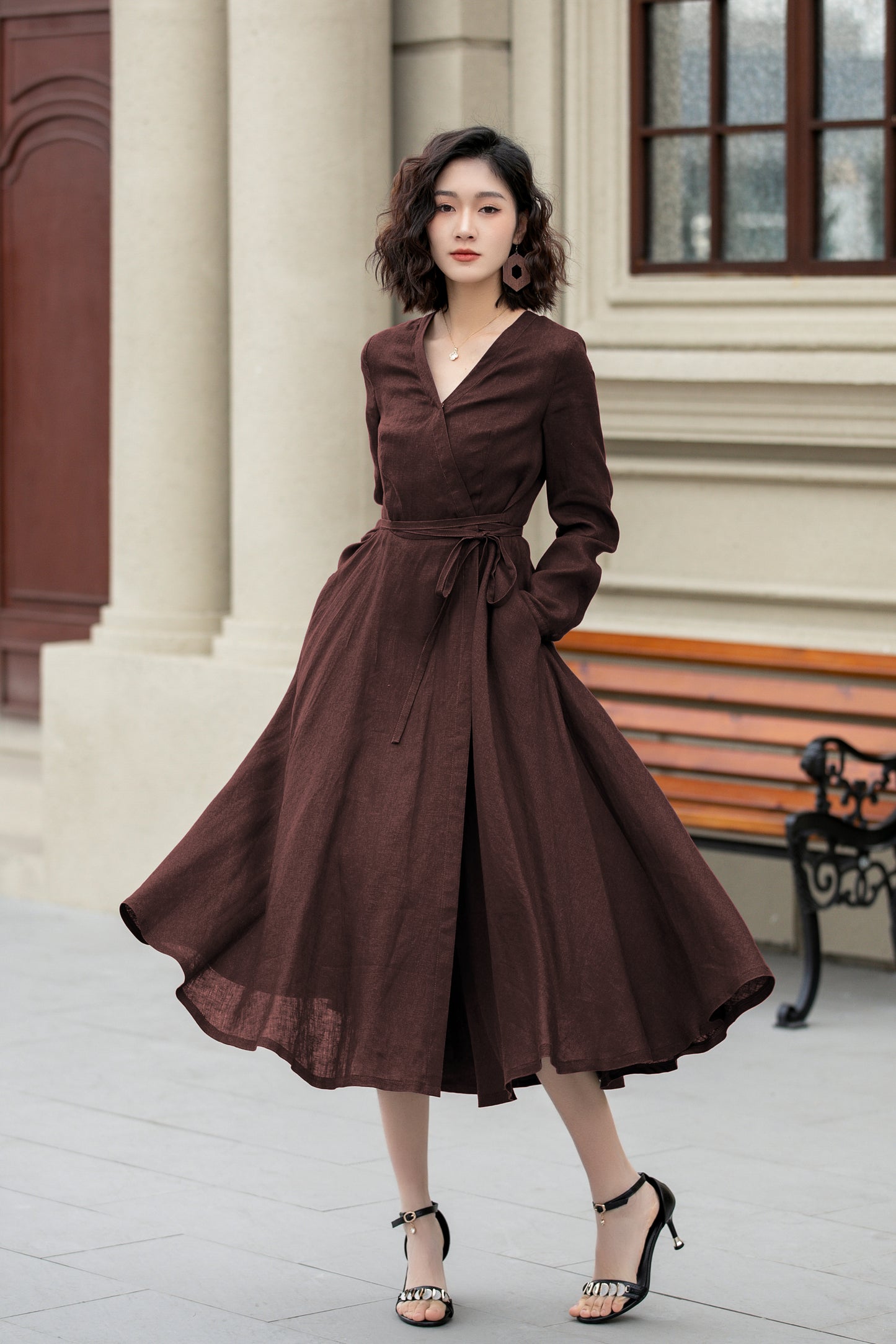 Brown Linen Wrap Midi Dress - Fit and Flare, V-Neck Silhouette 6285