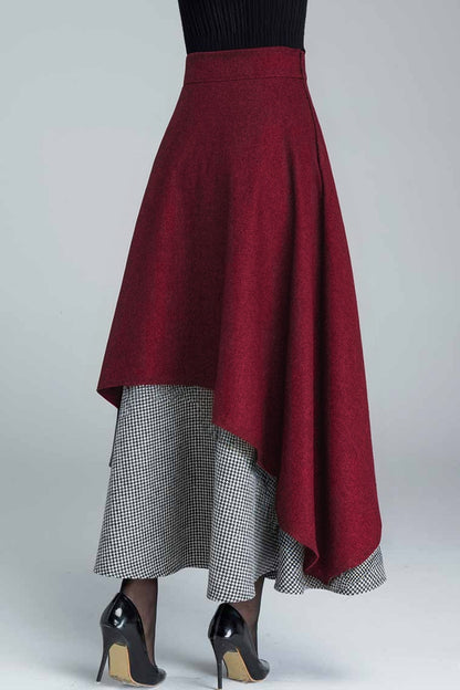 Handmade Layered Wool Maxi Skirt – Burgundy Swing with Houndstooth | Xiaolizi 5328