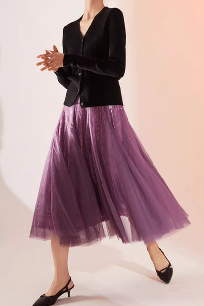 Black Wool A-Line Midi Lace Skirt - Elegant Elastic Waist 5585