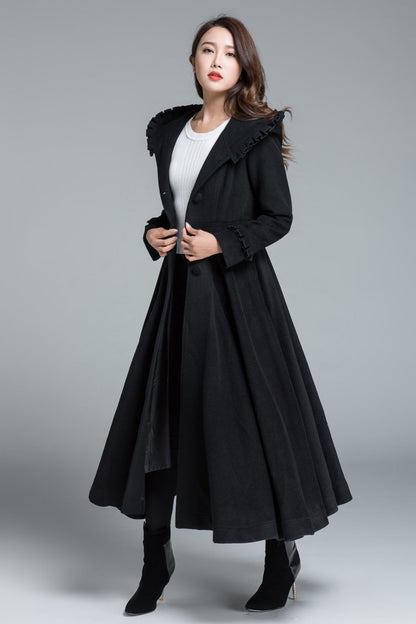 Black Wool Coat Maxi Dress - Hooded Fit and Flare Winter Overcoat 1649