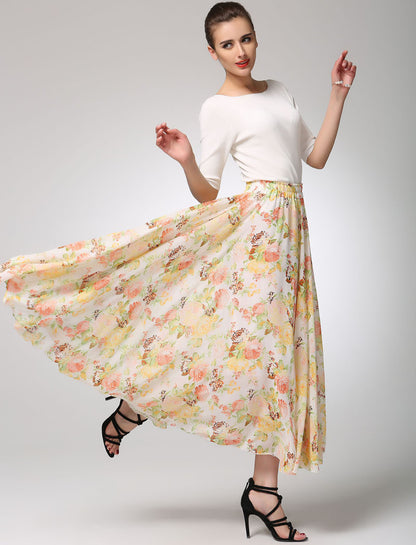 Floral Chiffon Maxi Skirt with Elastic Waist | Xiaolizi 1275