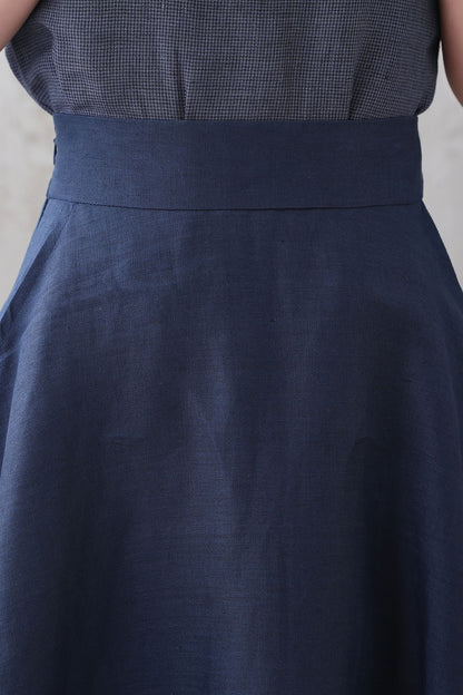 Dark Blue High Waist A Line Elastic Waist Linen Skirt 3339