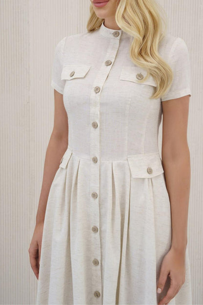 Button front white midi linen dress HY0018