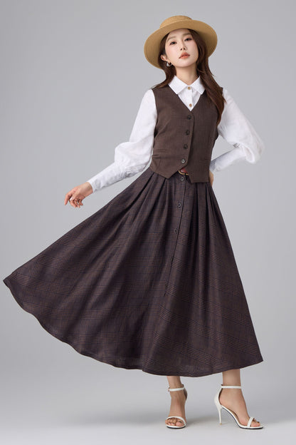 Brown Linen Cotton Skirt - Plaid High Waist | Xiaolizi 6756