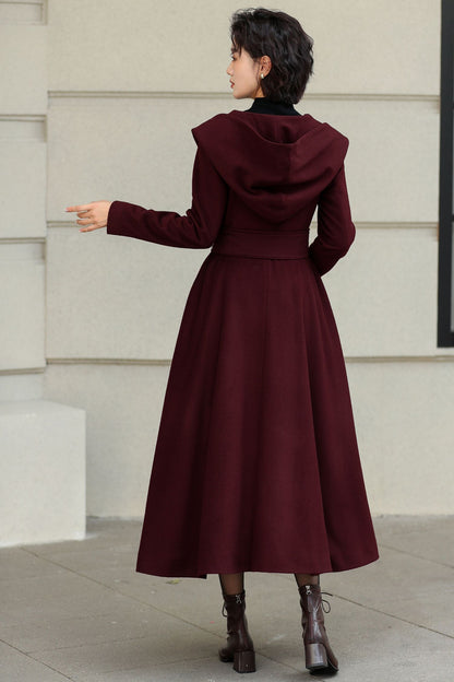 Burgundy Wool Long Coat - Hooded Oversize with Self Belt 6534