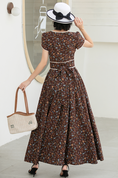 Vintage Floral Linen Cotton Maxi Dress – Women’s Puff Sleeve Wedding & Prom Dress 5833