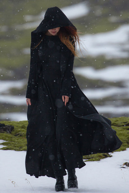 Handmade Black Wool Coat – Hooded Fit & Flare Maxi Winter Overcoat | Xiaolizi 1958