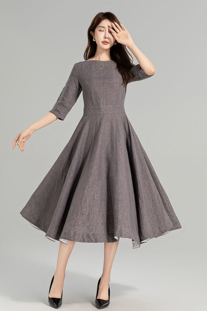 Taupe Grey Linen Swing Dress – Vintage Fit and Flare Midi Dress with Pockets 4961