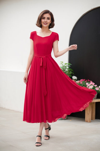 Red Chiffon Midi Dress - Fit and Flare with Sweetheart Neckline 5176