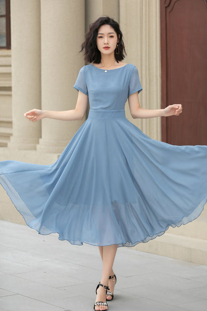 Blue Chiffon Midi Dress – Handmade Vintage Fit and Flare Swing Dress for Summer Weddings 5115