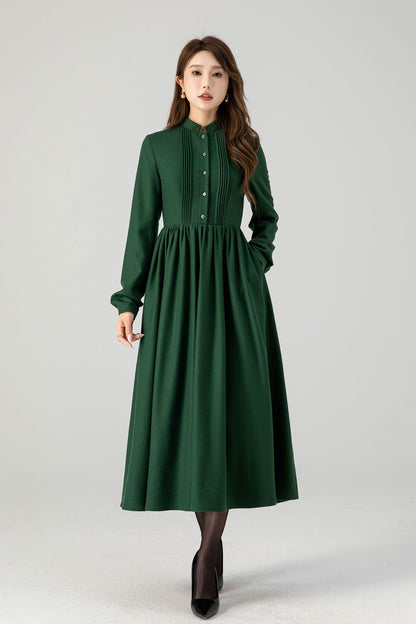 Green long sleeves winter wool dress women 4609
