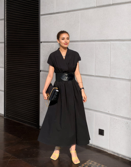 Black Linen Wrap Dress – Short Sleeve Midi Dress with Belt & Pockets 6674