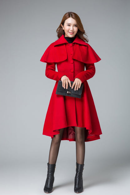 Handmade Red Wool Cape Coat – Vintage High-Low Winter Overcoat with Detachable Cape | Xiaolizi 1848