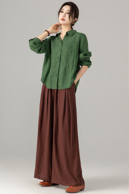 Green Linen Blouse - Loose Fit Vintage Collar Long Sleeve | Xiaolizi 5698