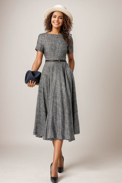 Vintage Summer Linen Midi Dress – Fit and Flare Garden Party Dress 5068