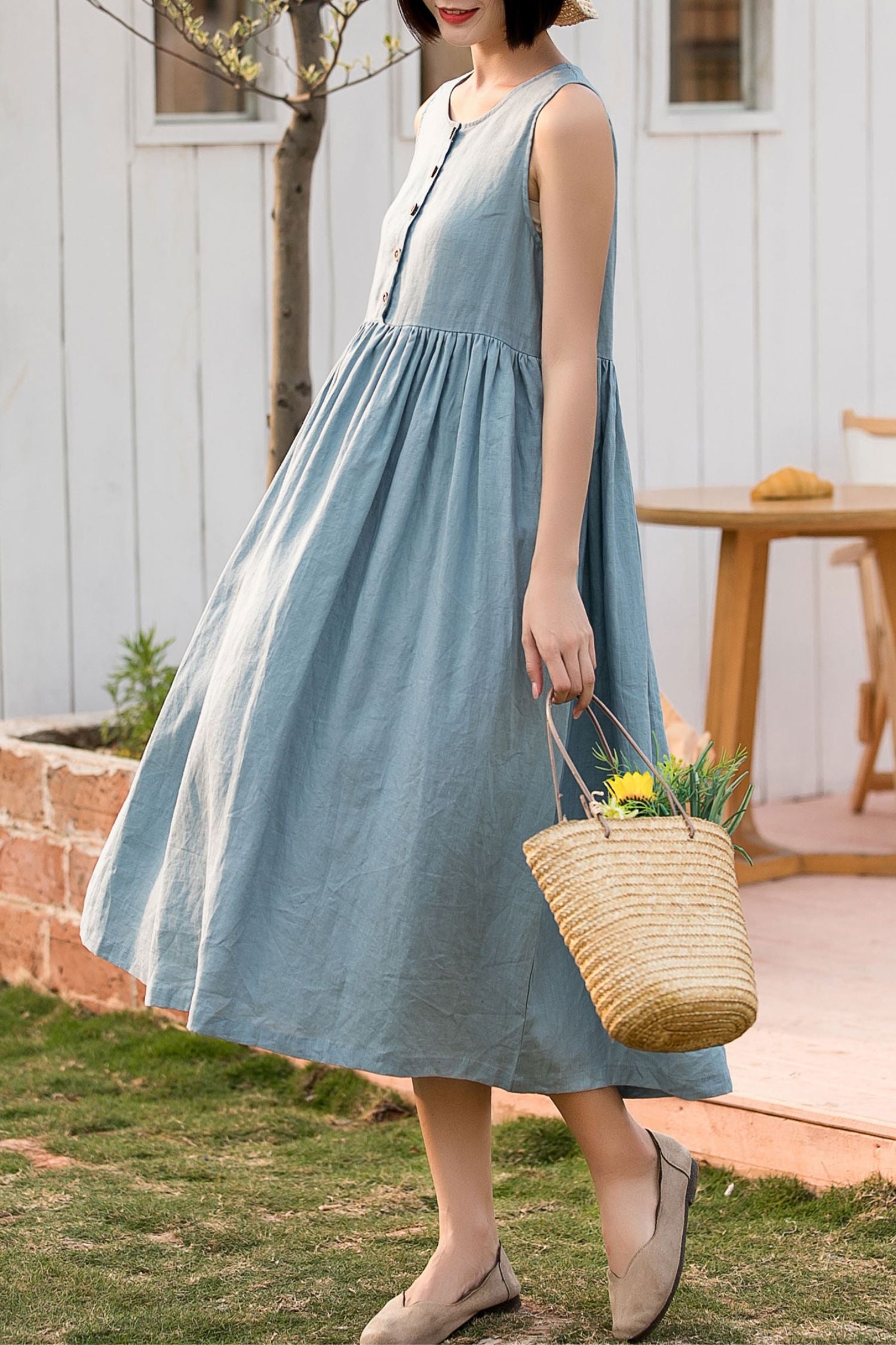 Light Blue Linen Dress - A-Line Sleeveless | Xiaolizi 2804