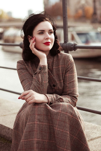 Brown Wool Plaid Dress - 1950s Fit & Flare Knee Length | Xiaolizi 2448