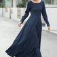 Navy Blue Linen Maxi Dress – Vintage Fit and Flare Long Sleeve Dress 6660