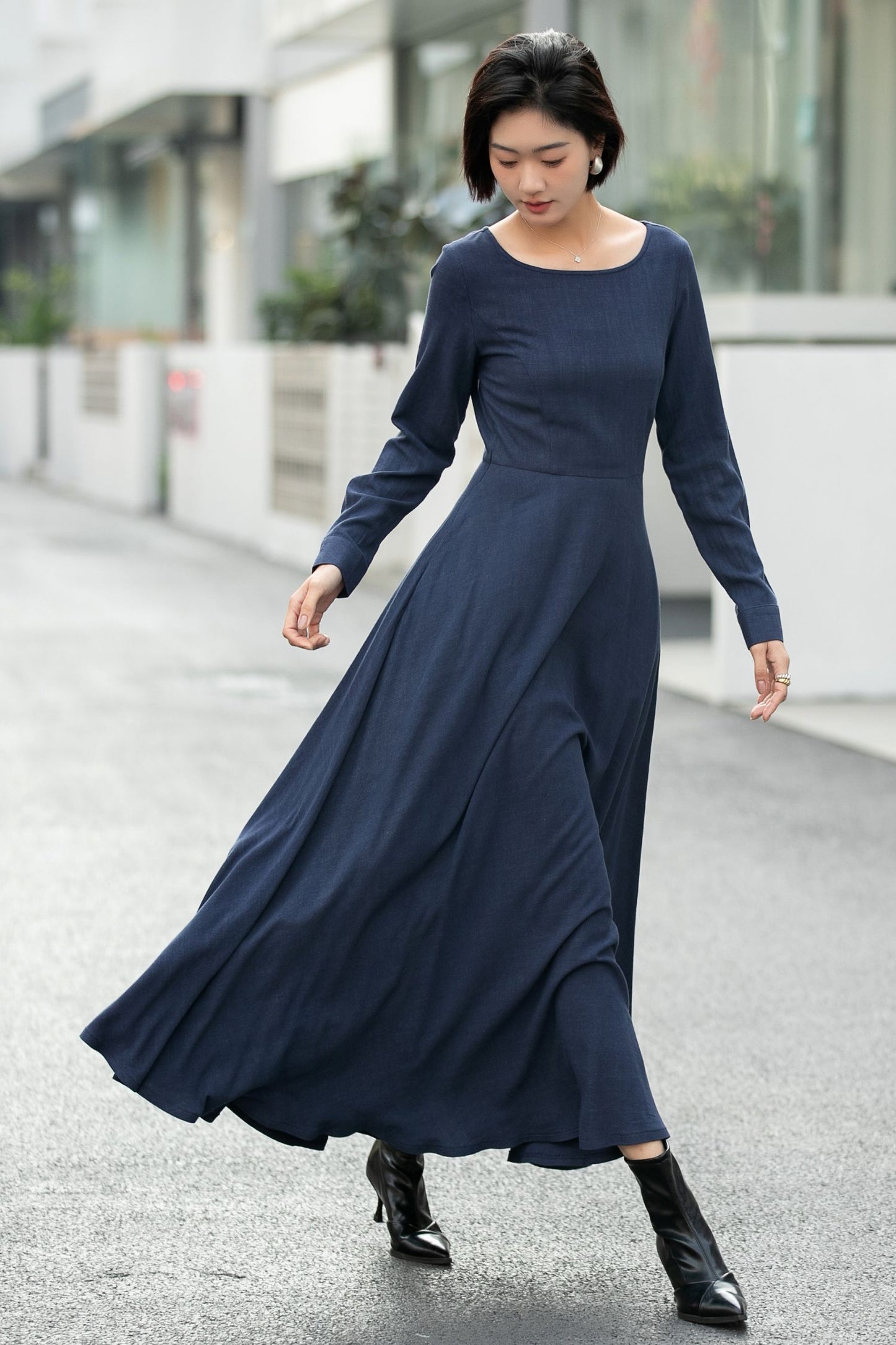 Navy Blue Linen Maxi Dress – Vintage Fit and Flare Long Sleeve Dress 6660