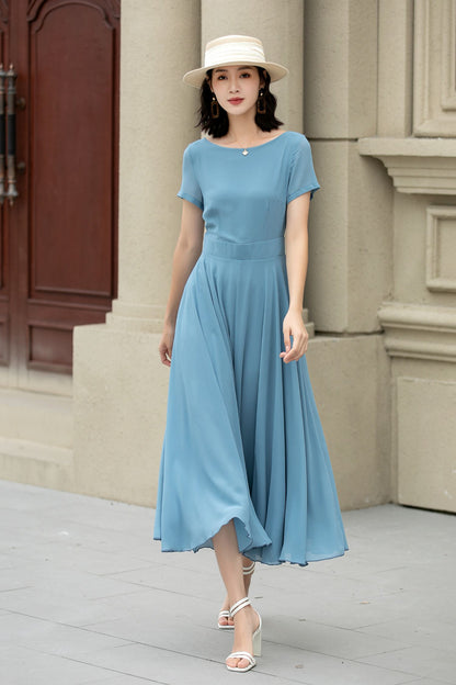 Blue Chiffon Midi Dress - Swing Silhouette with Fitted Waist 5147