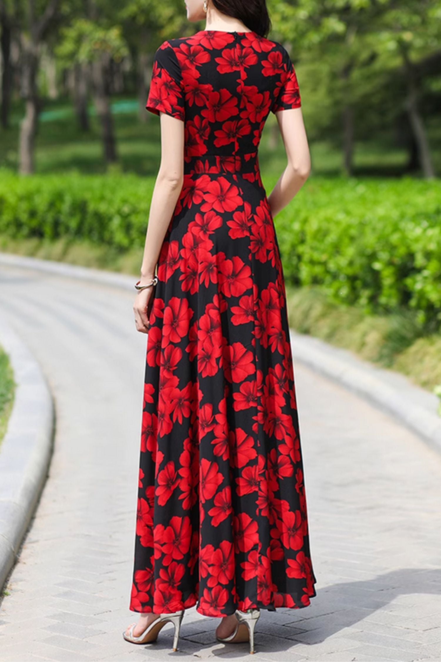 Chiffon Maxi Dress with Floral Patchwork in Black and Red