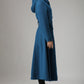 Vintage Teal Blue Wool Coat – Handmade Hooded Belted Winter Overcoat | Xiaolizi 739