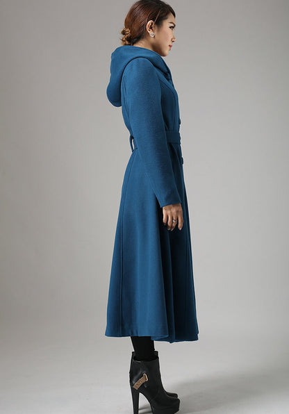 Vintage Teal Blue Wool Coat – Handmade Hooded Belted Winter Overcoat | Xiaolizi 739