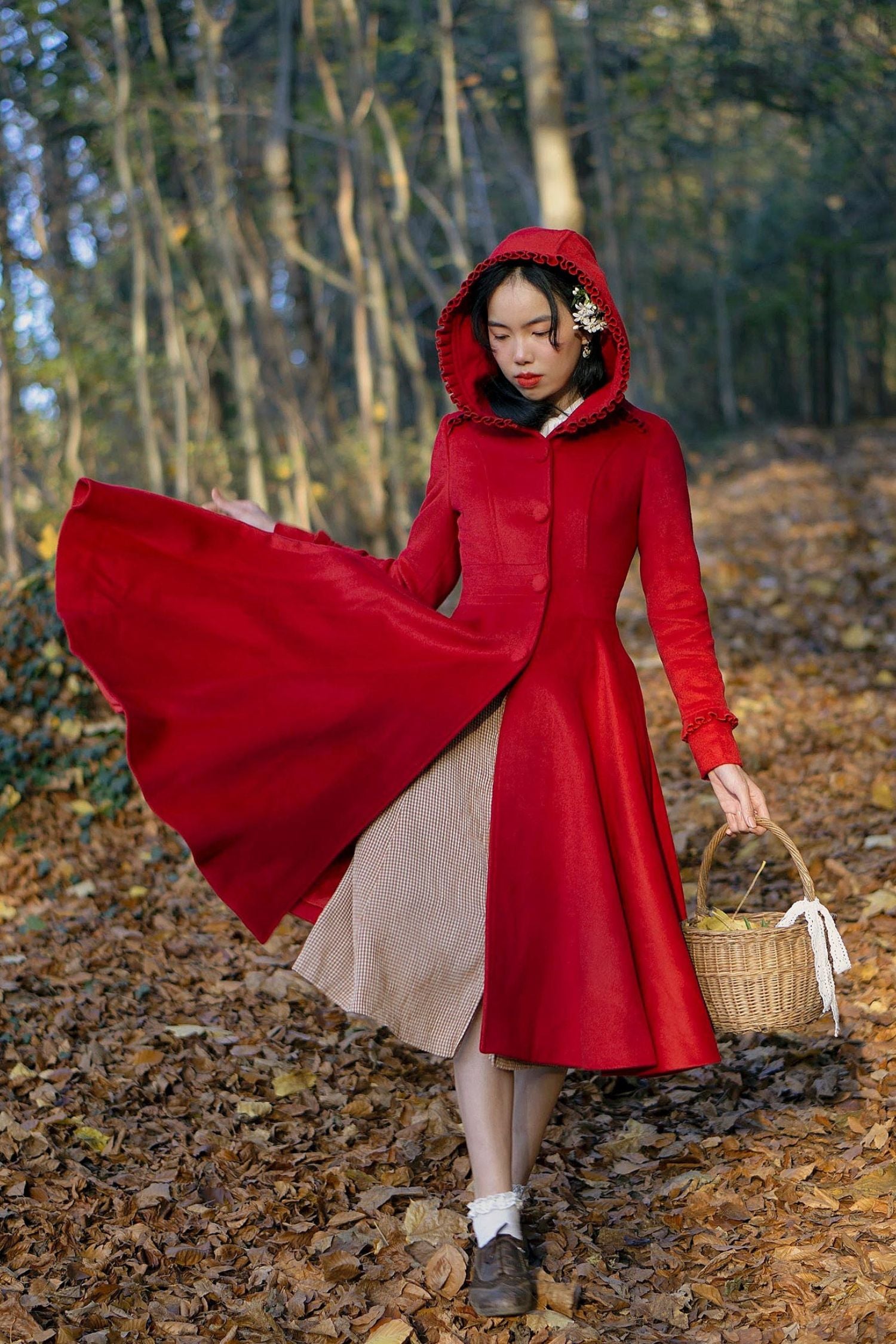 Red Hooded Wool Coat for Women