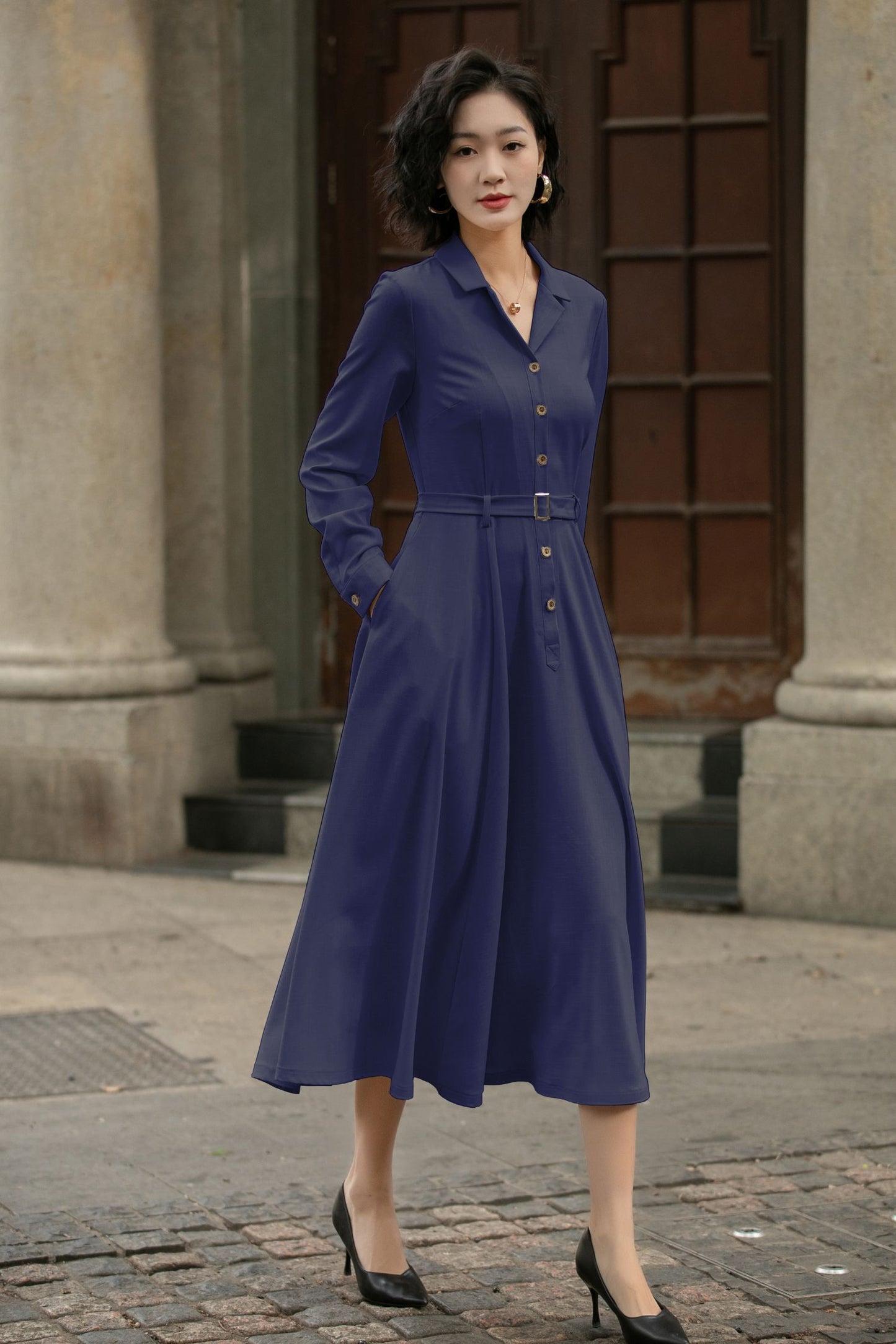 Xiaolizi Linen Shirt Dress – Vintage Belted Swing Midi Dress 6283