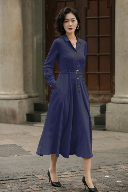 Xiaolizi Linen Shirt Dress – Vintage Belted Swing Midi Dress 6283