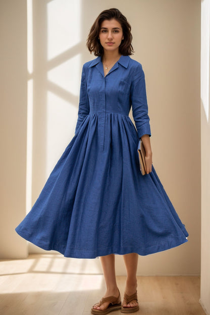 Fit and flare blue linen shirt dress women 5117