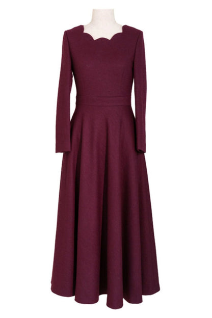 Burgundy Wool Midi Dress - Fitted Waist with Scalloped Neckline TT0187