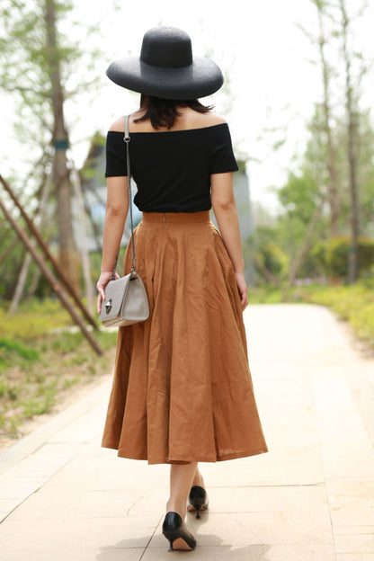 Handmade Camel Linen Midi Skirt – High Waist A-Line Flared Skirt | Xiaolizi 2194