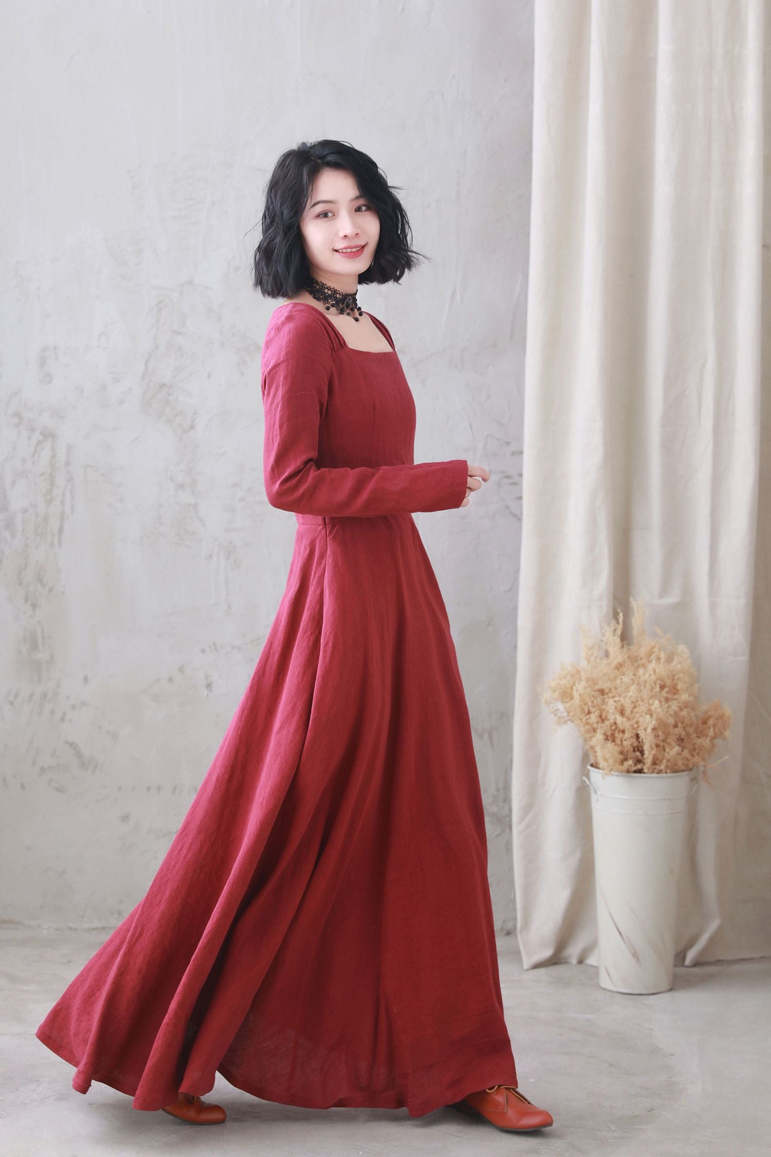 dark red cotton dress Red Cotton Gauze Midi Dress: Deep Neck Lined Bust