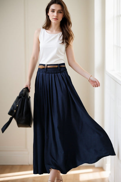 Handmade Cotton-Linen Pleated Maxi Skirt with Pockets – Navy | Xiaolizi 5132