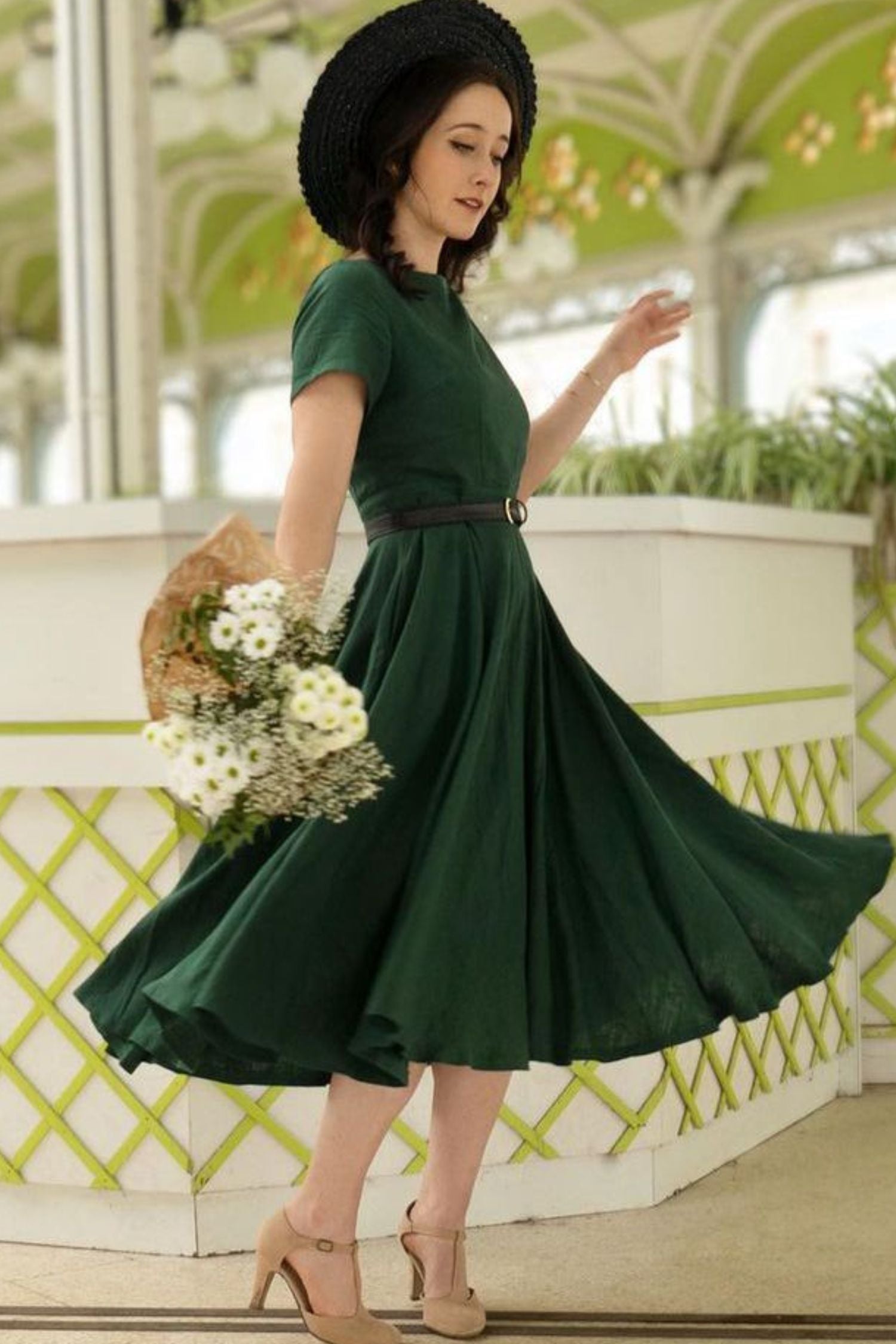 Green Linen Midi Dress with Flared Fit and Boat Neckline Green / XL